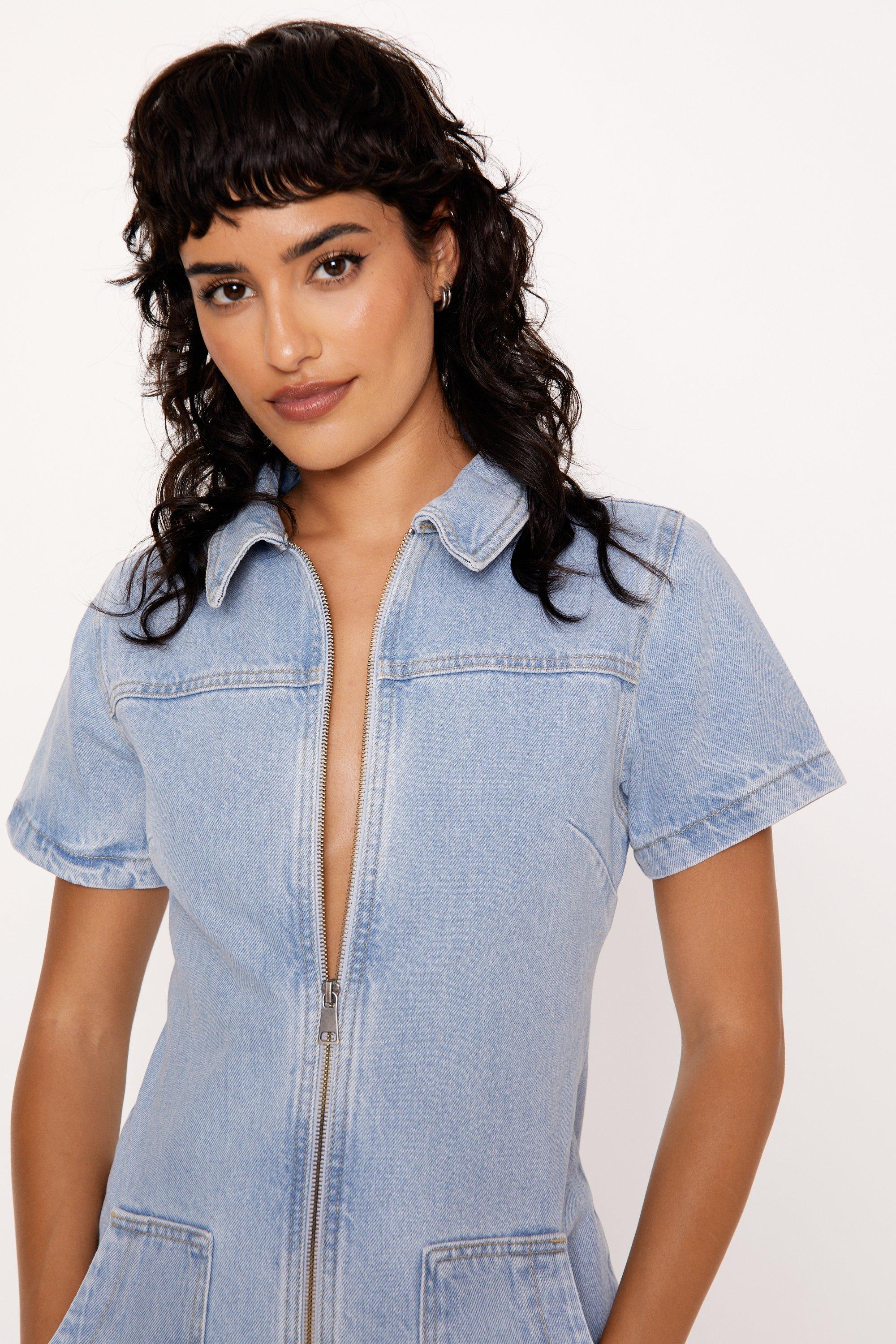 Zip Through Short Sleeve Denim Mini Dress | Nasty Gal